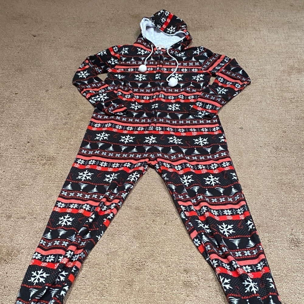 Poof! Red and Black Hooded Size Small Onesie with Snowflakes Christmas